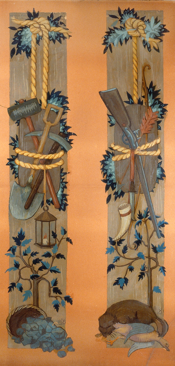 Oil on Paper Tapestry Study – "Mining Equipment" and "Hunting Equipment" by Lorentz Kleiser (ca 1923); Museum of Art and Archaeology, University of Missouri, Columbia