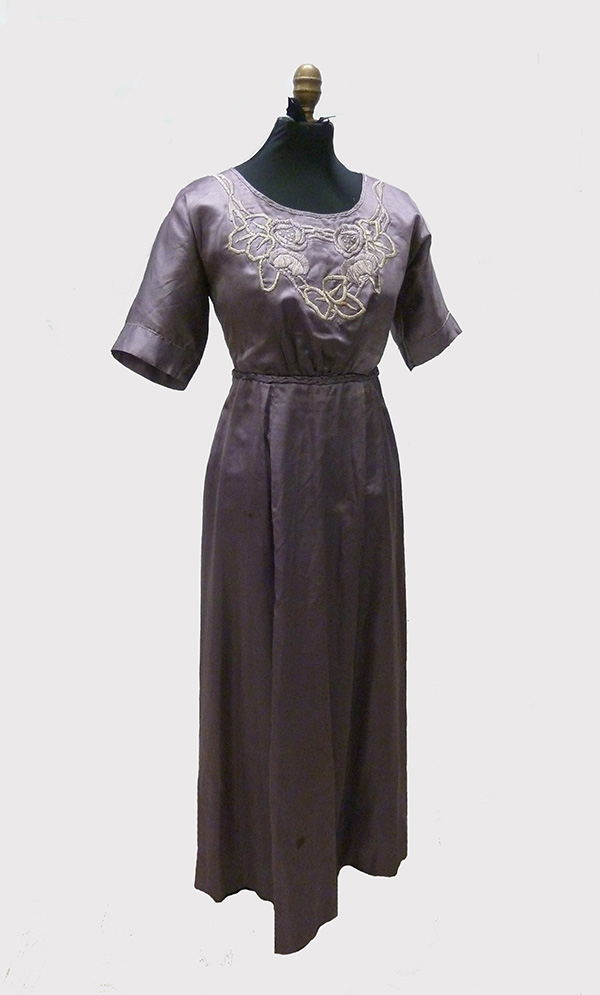 Grecian-Inspired Silk Satin Empire Dress with Floral Embroidery (1911-13); Missouri Historic Costume and Textile Collection, University of Missouri, Columbia