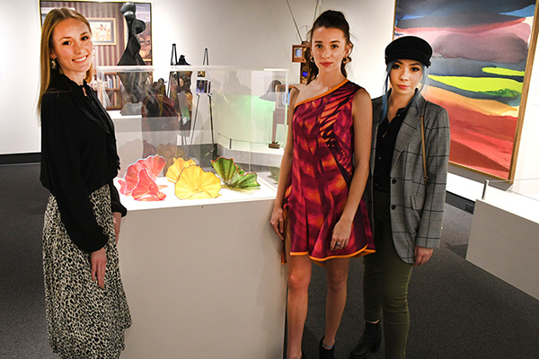 Left to Right: Chance Zacheis, Model Emily Scott and Adriana Martin with 'Oscillation' Dress (2019) Photograph by Thomas Sharenborg, Rocheport, Missouri