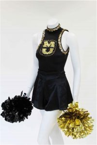 1987 Black Satin Spandex Leotard with Sequin “MU” and Shorts, Poms