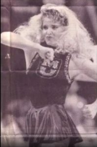 1980s Golden Girl Shannon Fry Dances in Black Satin Spandex Leotard with Sequin “MU” and Shorts, Image from University Archives