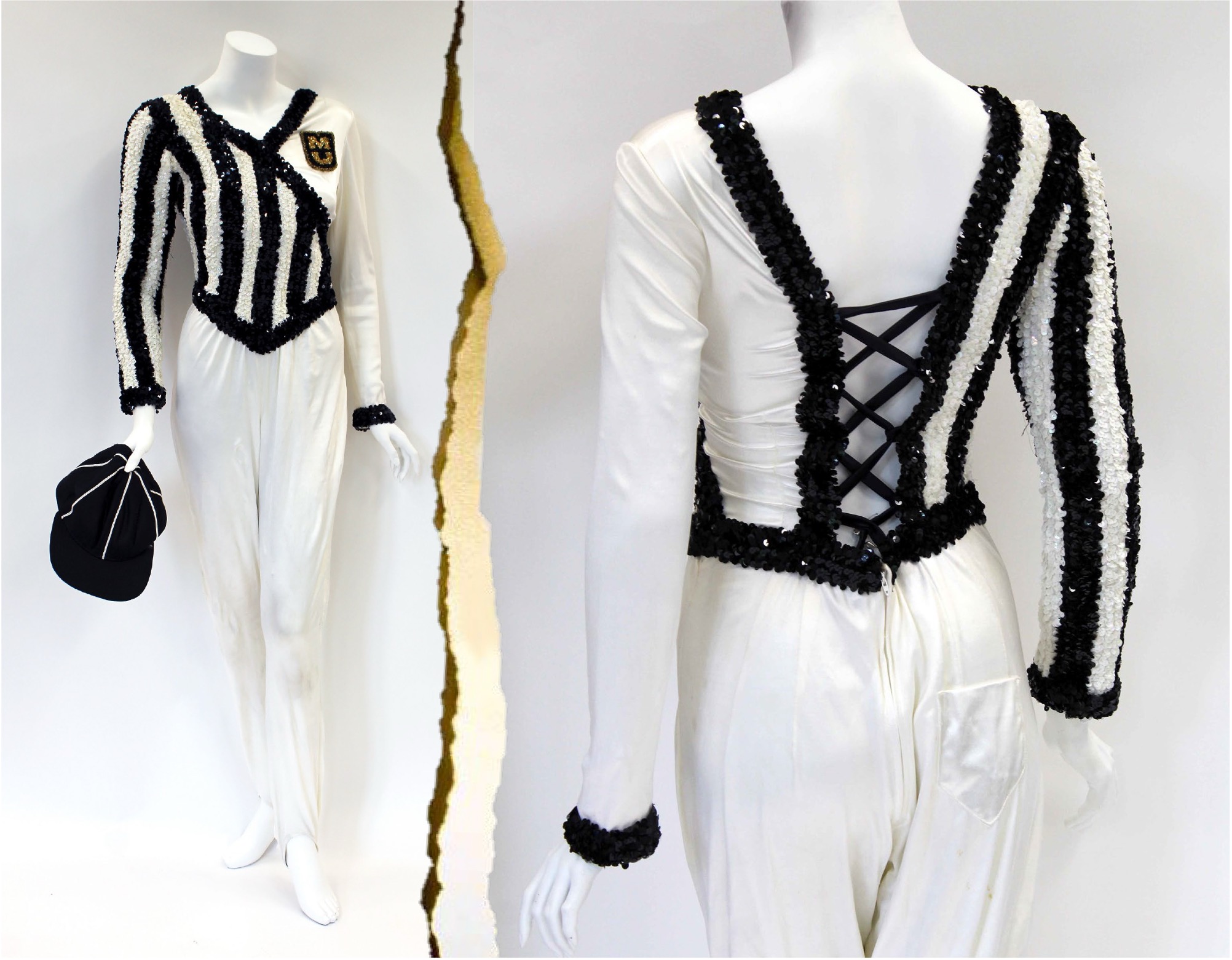 1992 championship uniform of black and white sequin/satin jumpsuit in style of football referee shirt, black baseball cap