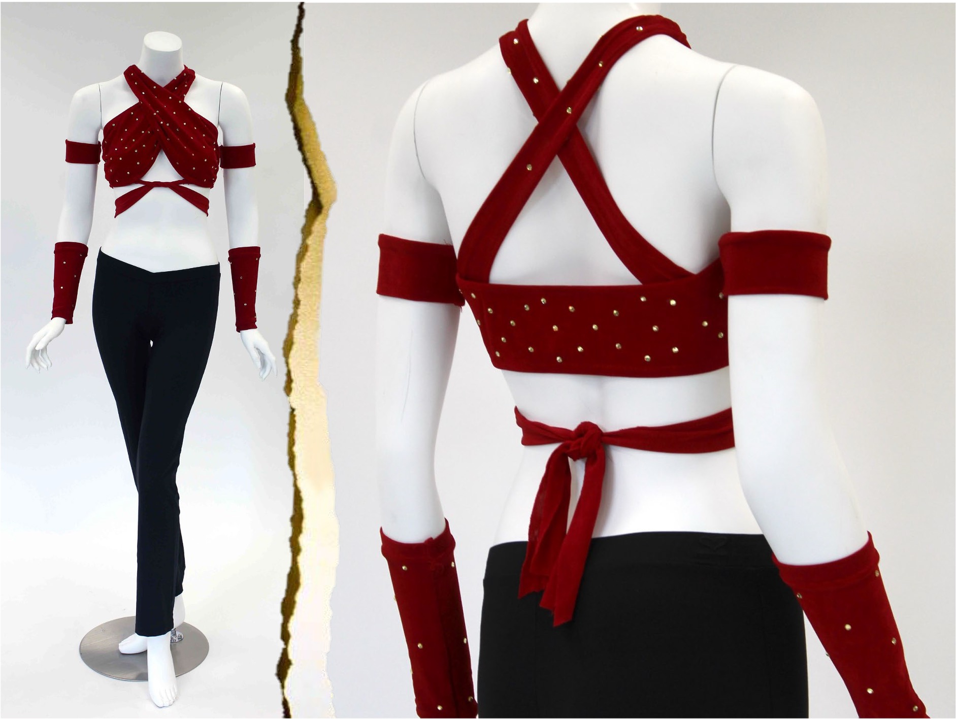 2003 championship uniform of red sequined tie top and black spandex pants