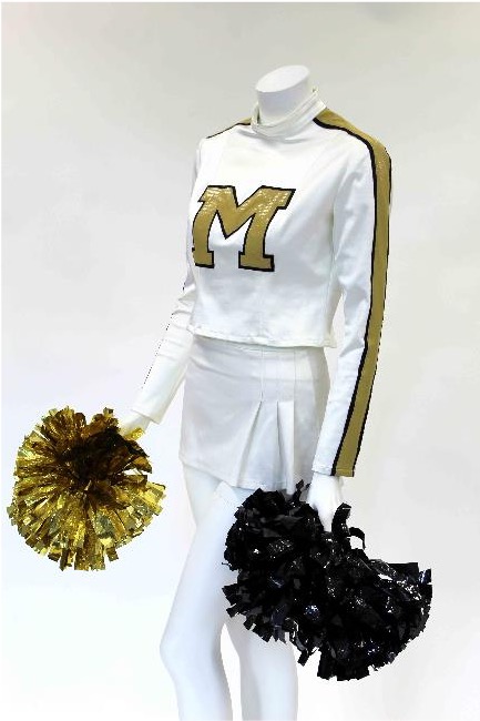 1990s-2000s White Spandex Uniform with Gold Vinyl “M”, Pleated Skirt, Poms