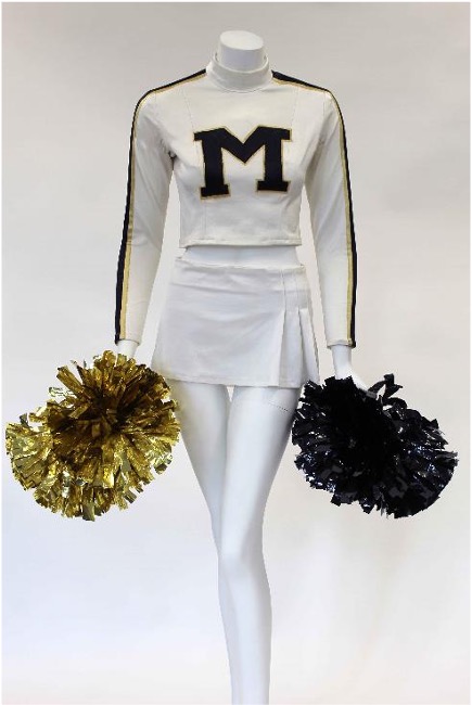 1990s-2000s White Spandex Uniform with Black “M” and Black/Gold Stripes, Pleated Skirt, Poms