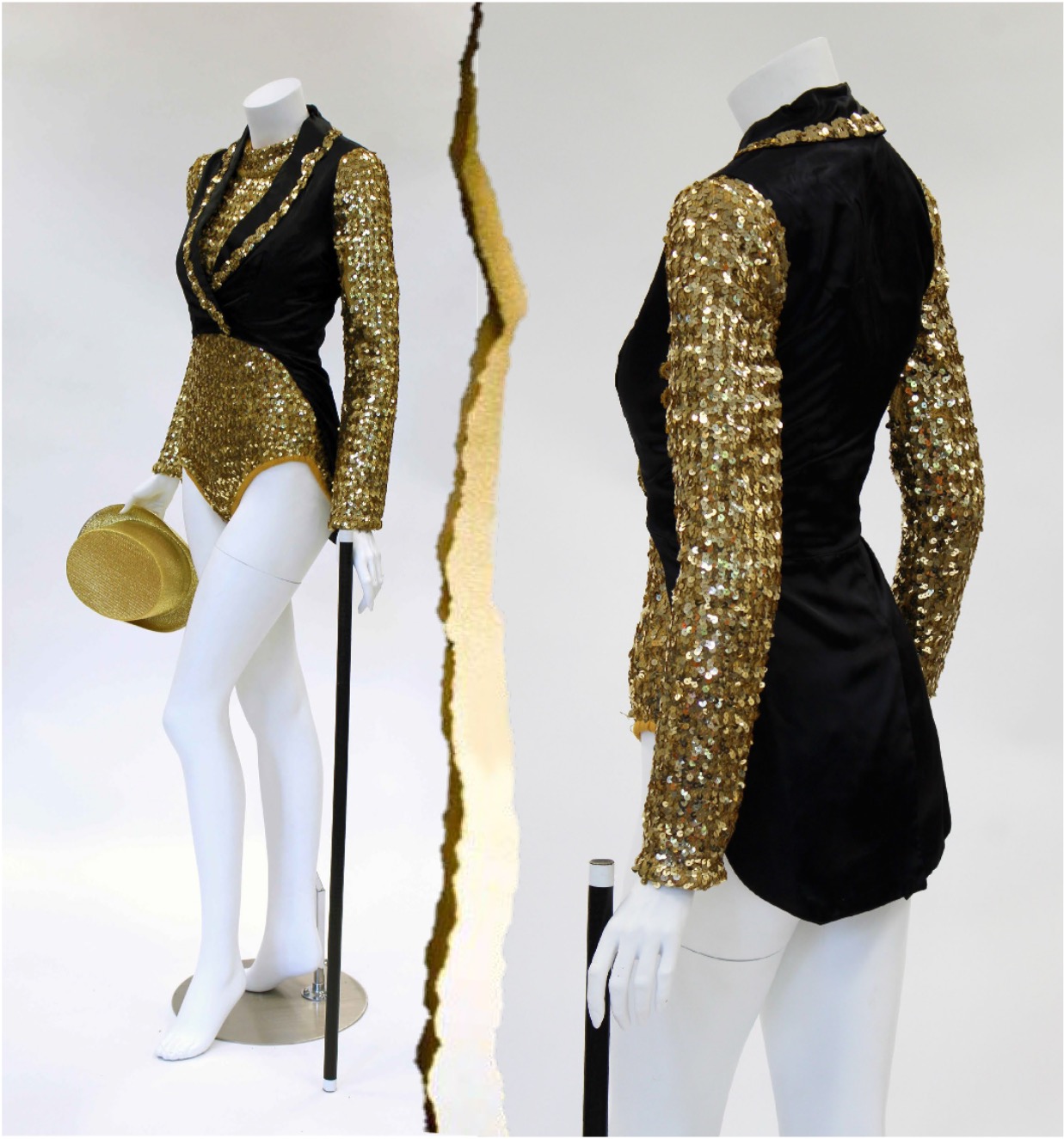 1970s Gold Sequin Leotard with Black Satin Tailcoat, Gold Top Hat, Walking Stick