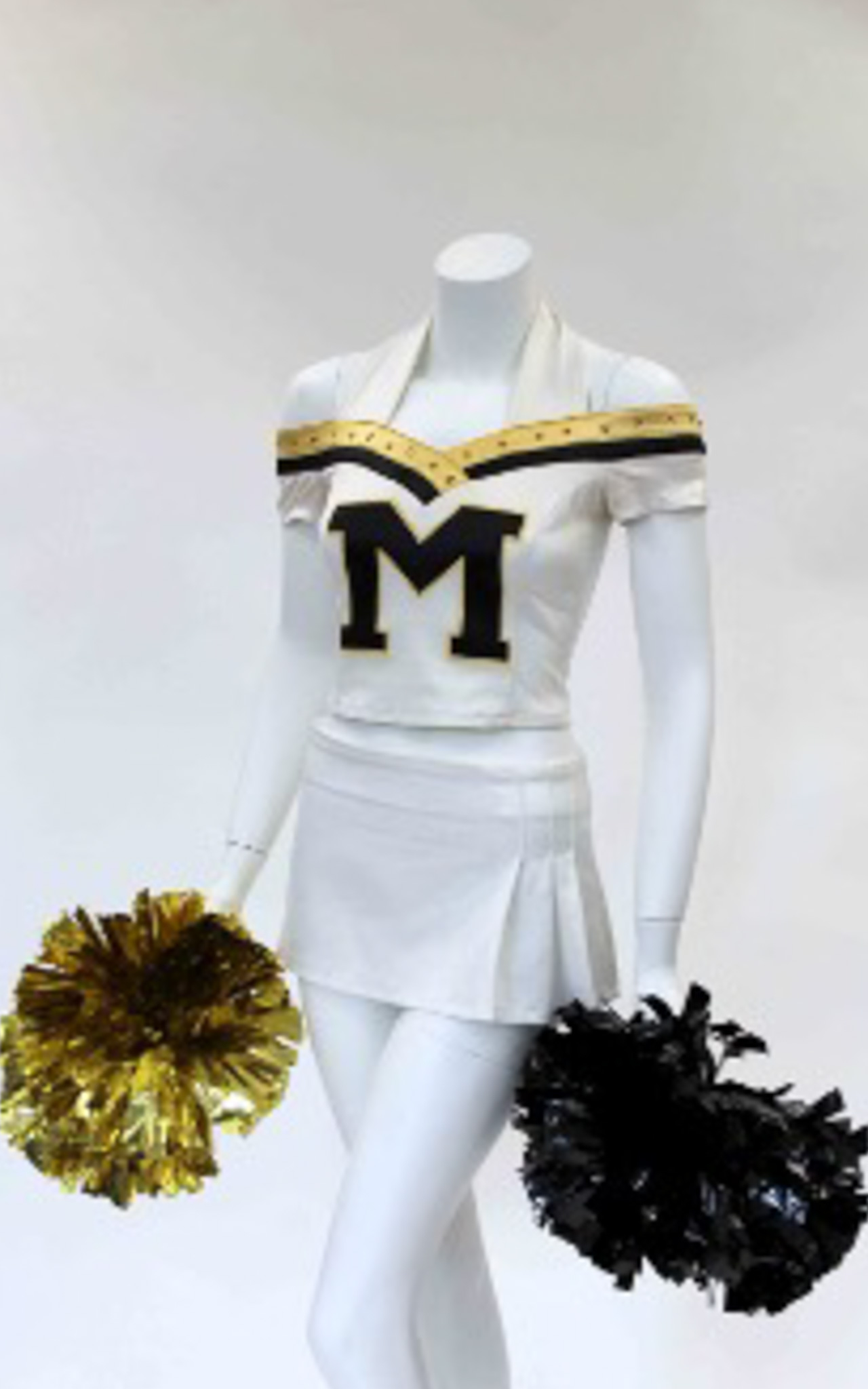 2010s White Off-the-Shoulder Spandex Uniform with Black “M,” Pleated Skirt, Poms
