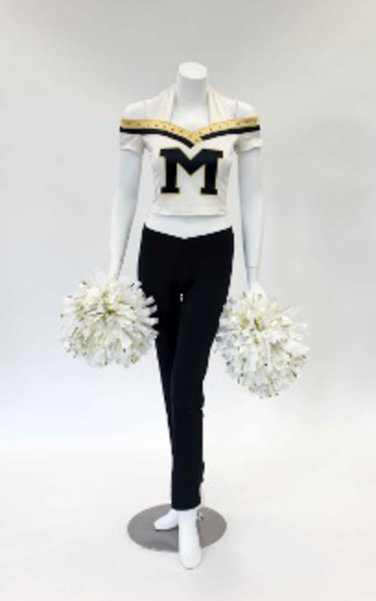 2010s White Off-the-Shoulder Spandex Uniform with Black “M,” Spandex Leggings, Poms
