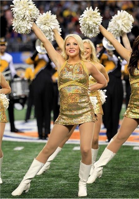 2013-14 Gold Girl Dances at Cotton Bowl in Iridescent Gold Sequin Uniform, White Boots, Poms