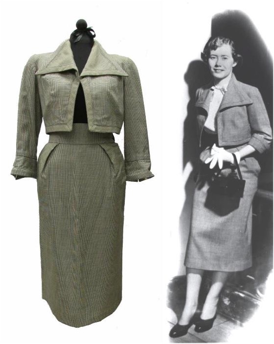 Vintage checked suit features a tailored jacket and matching skirt on a mannequin to the left; right shows a woman in the same outfit, smiling.