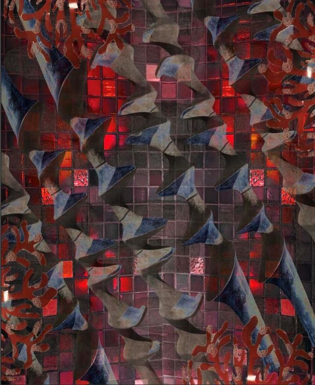 Abstract artwork with red and blue geometric shapes and swirling coral-like patterns. The mosaic background is vibrant, creating an energetic tone.
