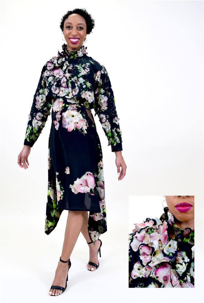 A person joyfully walks while wearing a black dress adorned with pink floral patterns. The inset highlights a close-up of the floral detail and bright pink lipstick.
